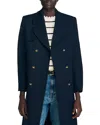 Sandro Long Double Breasted Coat In Blue