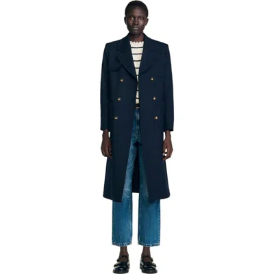 Sandro Long Double-breasted Coat In Blue