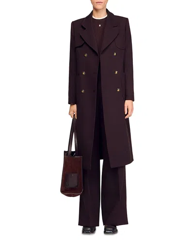 Sandro Long Double Breasted Coat In Brown