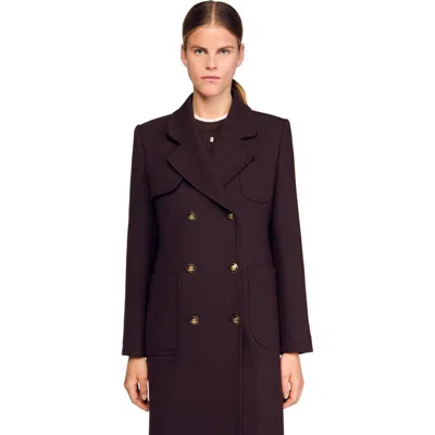 Sandro Long Double-breasted Coat In Brown