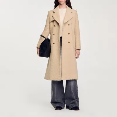 Sandro Long Double-breasted Coat In Brown