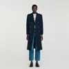 Sandro Long Double Breasted Coat In Blue