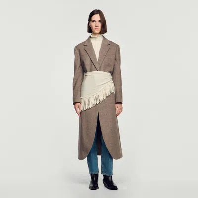 Sandro Long Double-faced Wool Coat In Brown