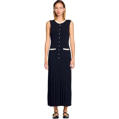 Sandro Long Dress With Crochet Detailing In Black