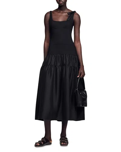 Sandro Long Dual Material Dress In Black