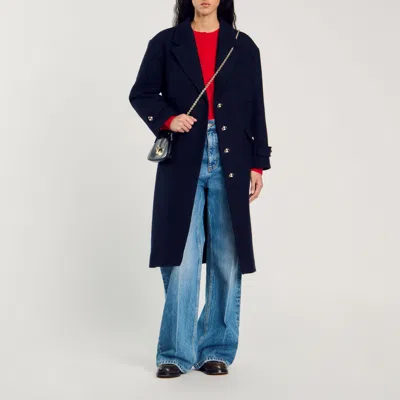 Sandro Long Oversized Coat In Navy Blue