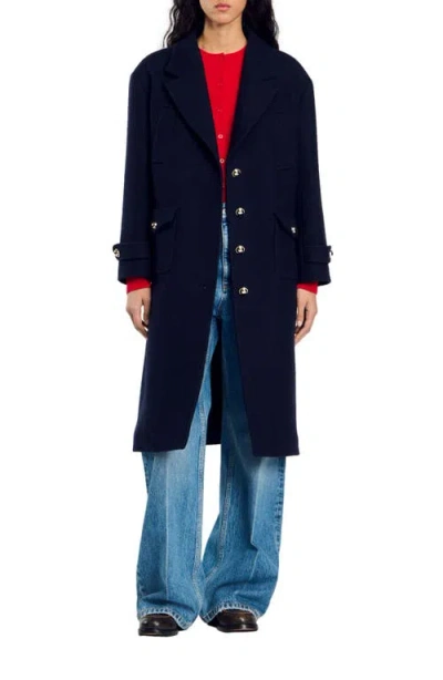 Sandro Long Oversized Coat In Navy Blue