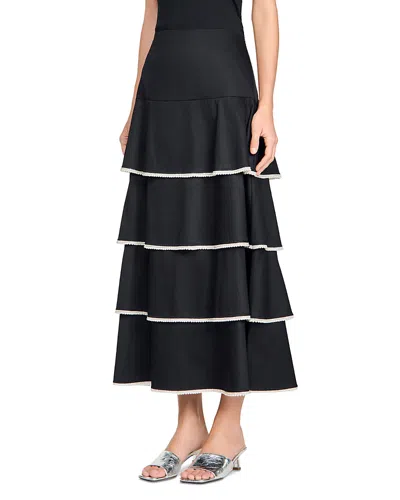 Sandro Long Ruffled Rhinestone Skirt In Black