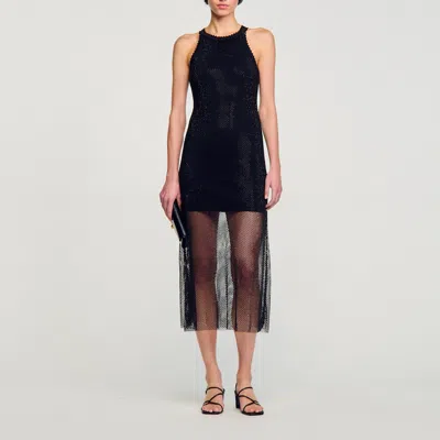 Sandro Long Shiny Mesh Dress In Black