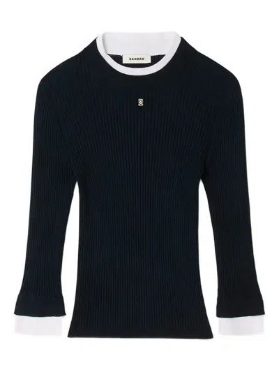 Sandro Long-sleeve Ribbed T-shirt In Blue