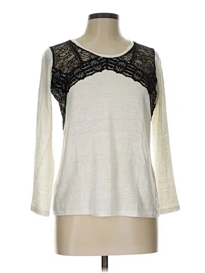 Pre-owned Sandro Long Sleeve Top Ivory Color Block Pattern Scoop Neck Tops In White