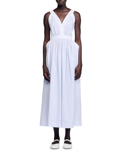Sandro Long Striped Dress In Ciel/blanc