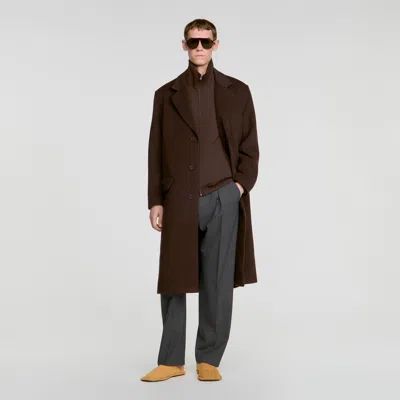 Sandro Long Wool And Cashmere Coat In Brown