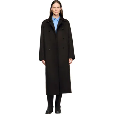 SANDRO SANDRO LONG WOOL AND LEATHER COAT