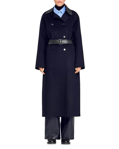 Sandro Long Wool And Leather Coat In Black