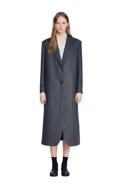 Sandro Long Wool Coat With Rhinestones In Black