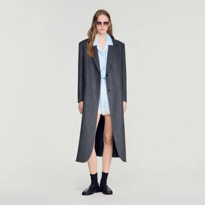 Sandro Long Wool Coat With Rhinestones In Gray