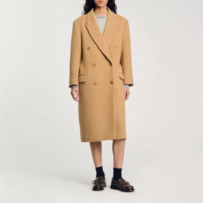 Sandro Long Wool-blend Coat In Brown
