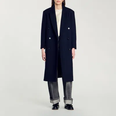 Sandro Long Wool-blend Coat In Blue