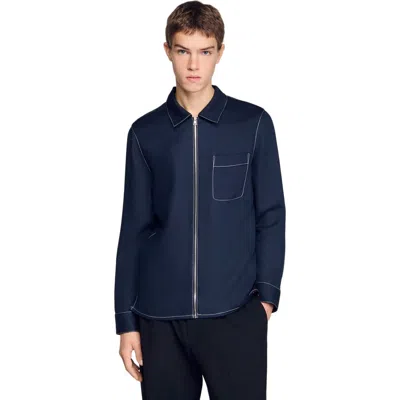 Sandro Loose Fit Zip Up Jacket In Blue