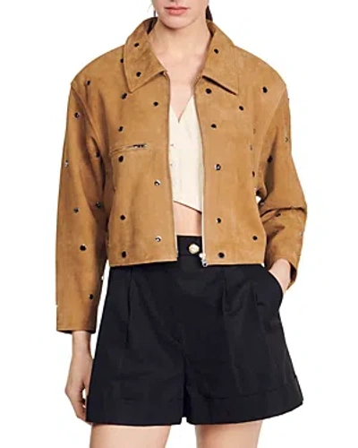 Sandro Lopez Suede Cropped Jacket In Camel