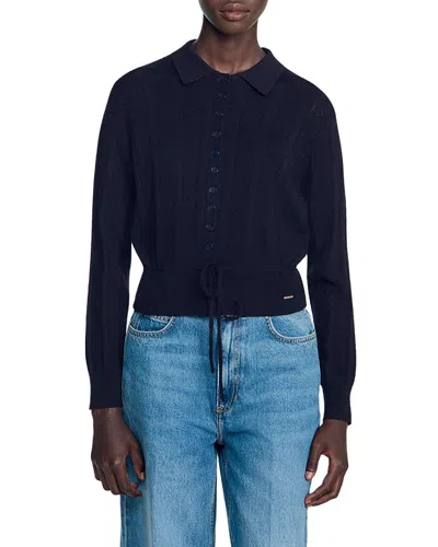 Sandro Lotus Wool Blend Drawstring Waist Cardigan In Blue