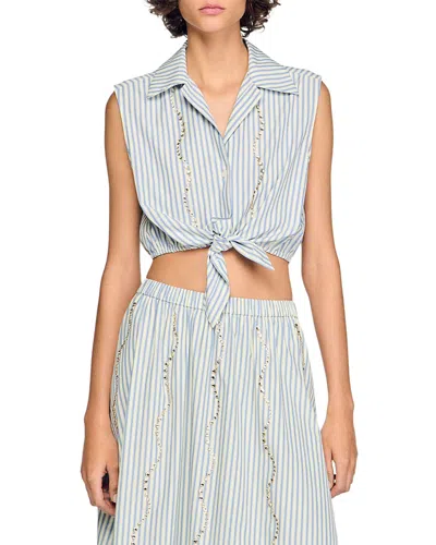 Sandro Lucio Cropped Striped Rhinestone Trim Shirt In Green