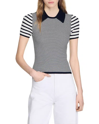 Sandro Ludo Collared Crewneck Sweater In Black / Ecru
