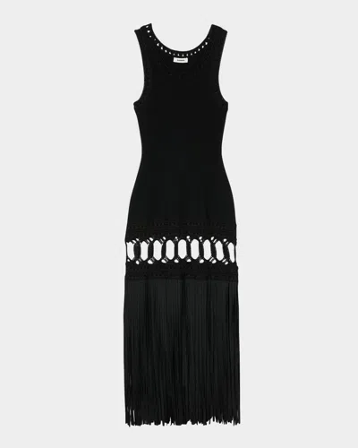 Sandro Lyne Fringe-trim Midi Dress In Black