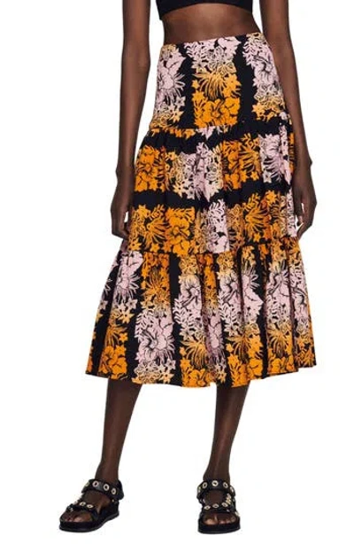 Sandro Maddie Floral A-line Skirt In Black