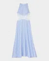 Sandro Womens Bleus Stripe-print Cut-out Lace Cotton And Linen-blend Midi Dress In Blu / White