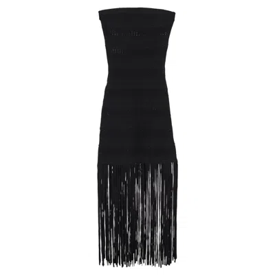 Sandro Maldives Knit Fringe Strapless Dress In Black Viscose