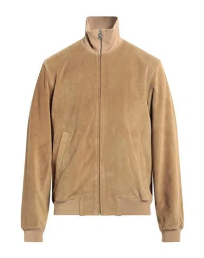 Sandro Man Jacket Camel Size L Cow Leather, Viscose, Polyamide In Beige