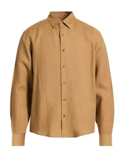 Sandro Man Shirt Camel Size Xl Linen In Brown