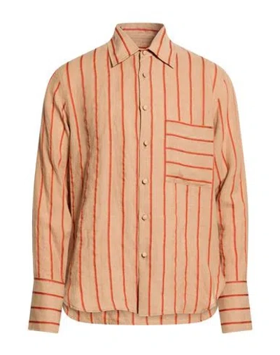 Sandro Man Shirt Camel Size Xl Linen, Polyester In Brown
