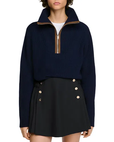 Sandro Mara Wool & Cashmere Half Zip Sweater In Blue