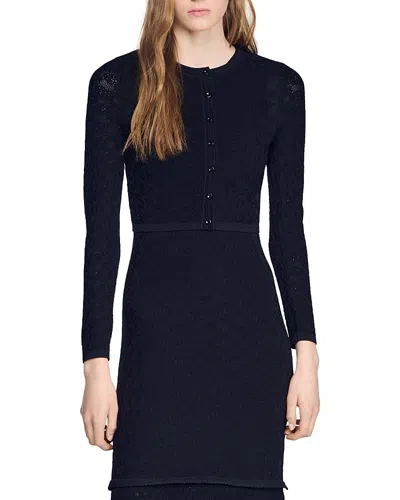 Sandro Maretto Cropped Pointelle Knit Cardigan In Blue