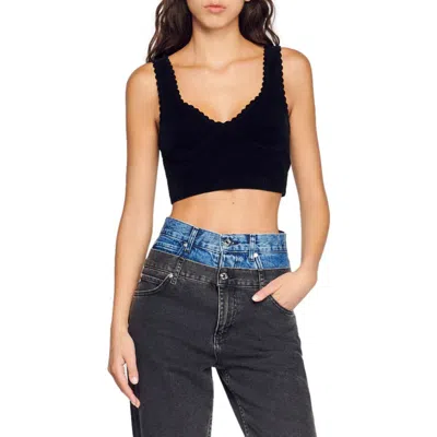 Sandro Marion Velour Crop Top In Black