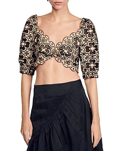 Sandro Floral-detail Cropped Top In Naturels