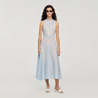 Sandro Maxi Dress With Lace Details In Blue