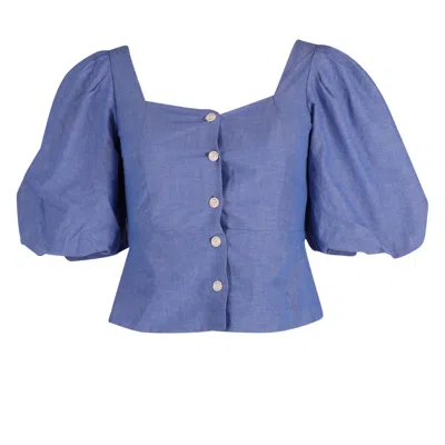 Sandro Mayan Puffed Sleeve Shirred Top In Blue Cotton