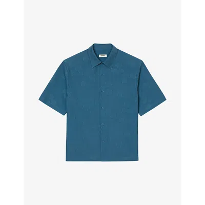 Sandro Mens Bleus Floral-jacquard Relaxed-fit Cotton Shirt