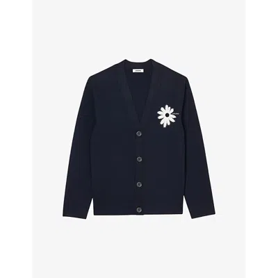 Sandro Mens Bleus Flower-embroidered Long-sleeve Stretch-knit Cardigan