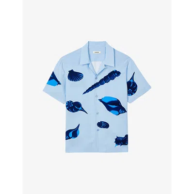 Sandro Mens Bleus Seashell-print Relaxed-fit Woven Shirt