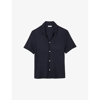 Sandro Mens Bleus Shark-collar Short-sleeve Relaxed-fit Woven Shirt