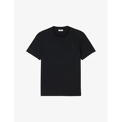 SANDRO MENS LOGO-EMBROIDERED REGULAR-FIT COTTON T-SHIRT NOIR / GRIS