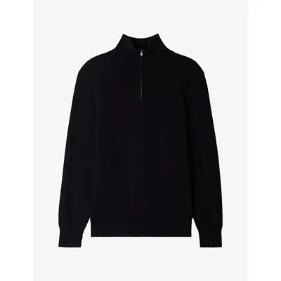 Sandro Mens Black Boxy Stand-collar Cotton And Wool-blend Jumper