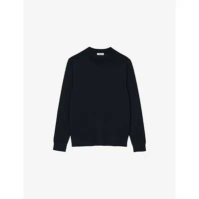 Sandro Mens Black Crewneck Fine-knit Jumper