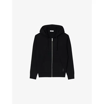 Sandro Mens Black Oversized-fit Zip-up Jersey-knit Hoodie