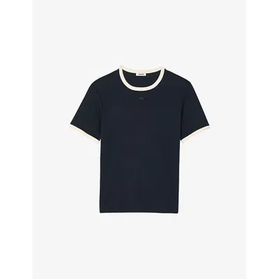 Sandro Mens Branded Contrast-trim Cotton-jersey T-shirt Bleus